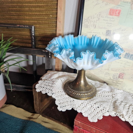 blue ruffled glass compote bowl
