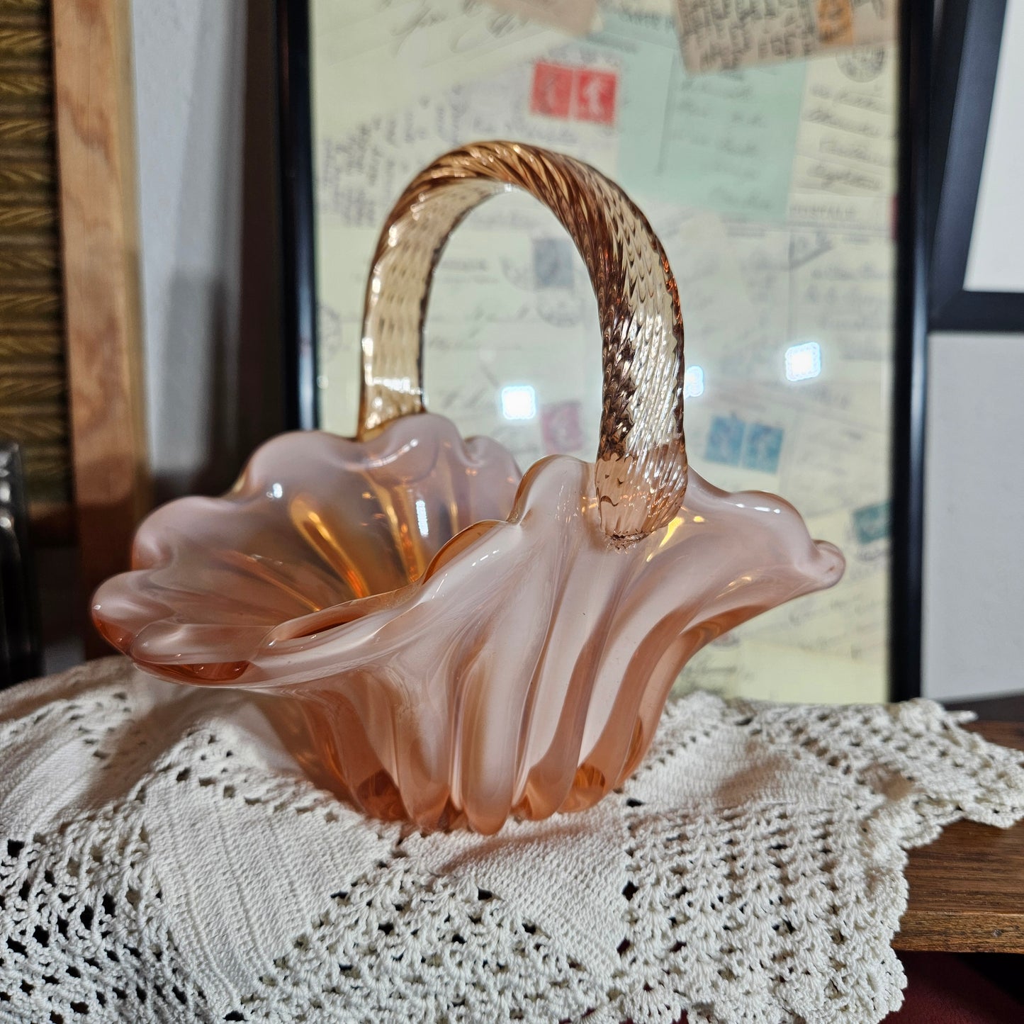 Pink Glass Basket with Handle Nikko Japan