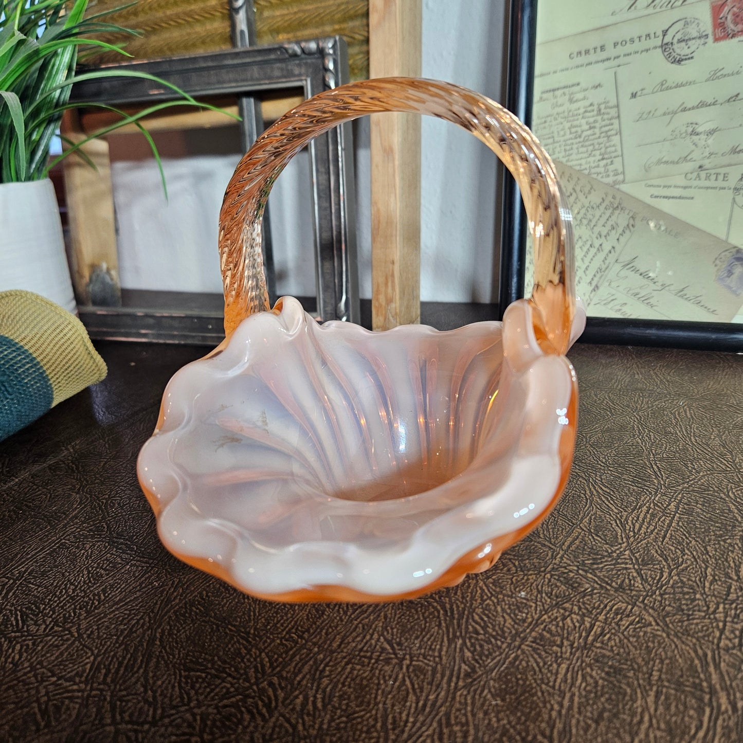 pink glass basket handle dish
