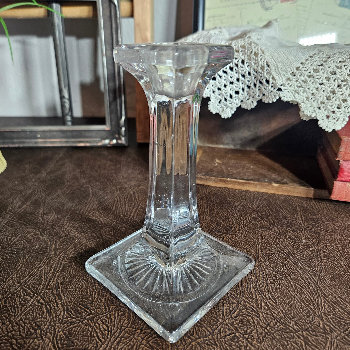 Vintage Clear Glass Candlestick Square Base Holder