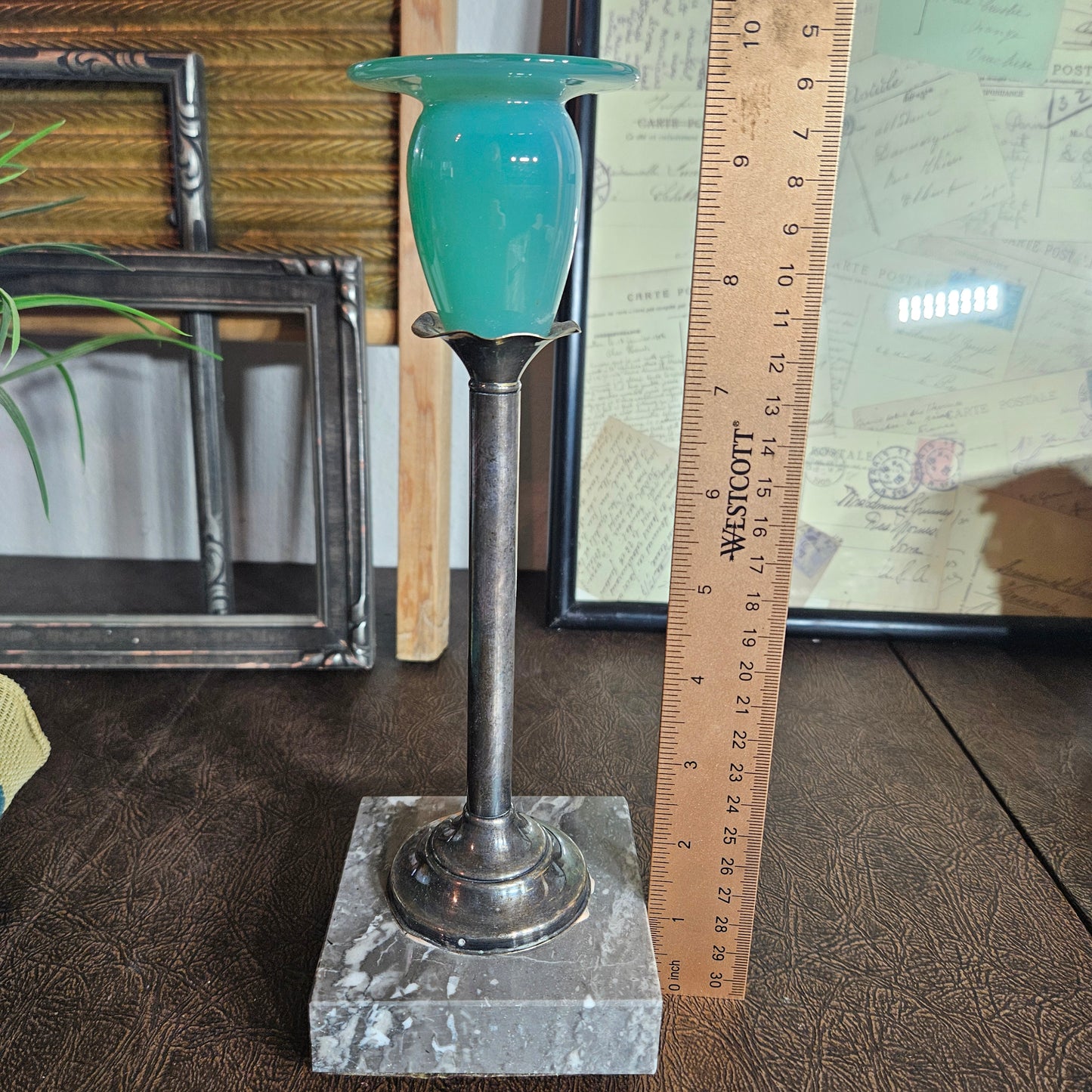 Green Glass Candlestick Marble Base Silver Stem