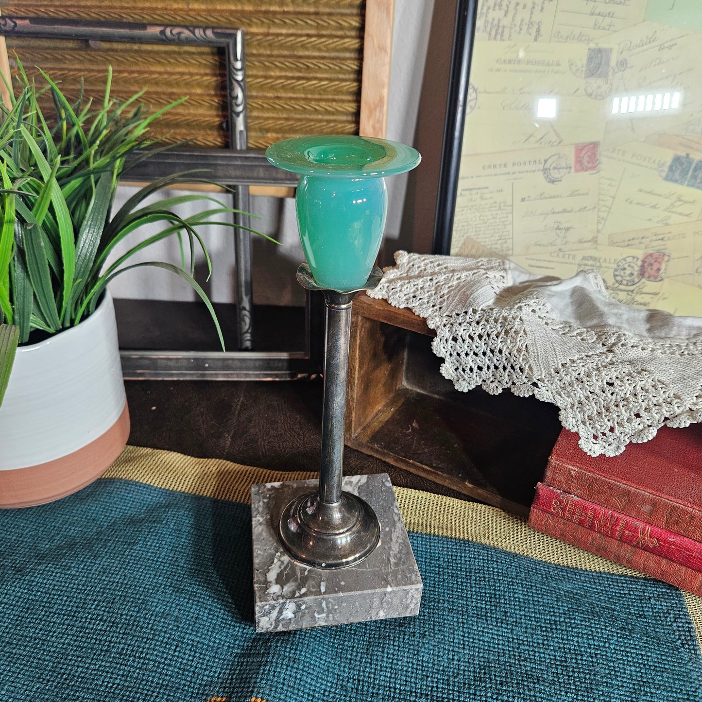 Green Glass Candlestick Marble Base Silver Stem