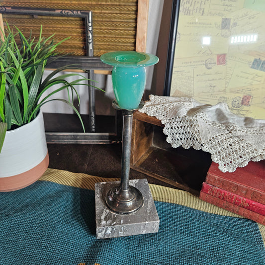 Vintage Green Glass Candlestick Marble Base Silver Stem