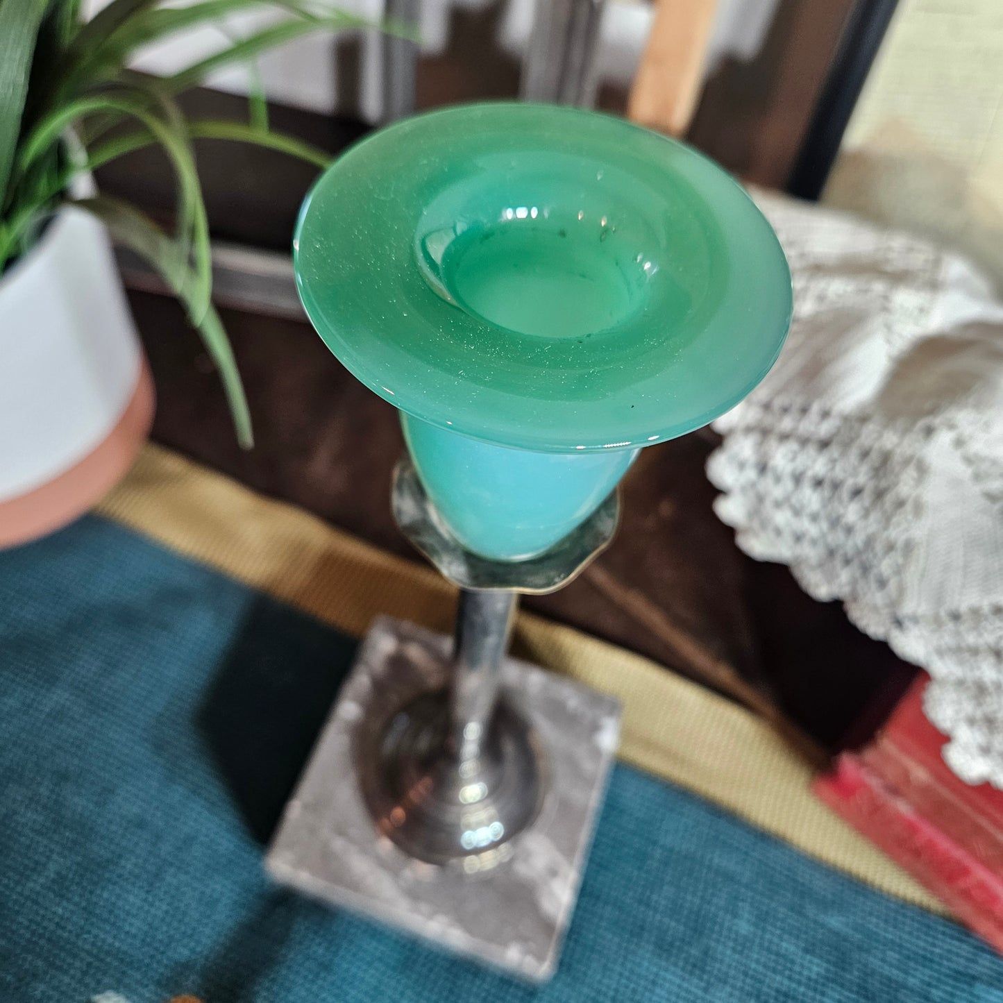 Green Glass Candlestick Marble Base Silver Stem