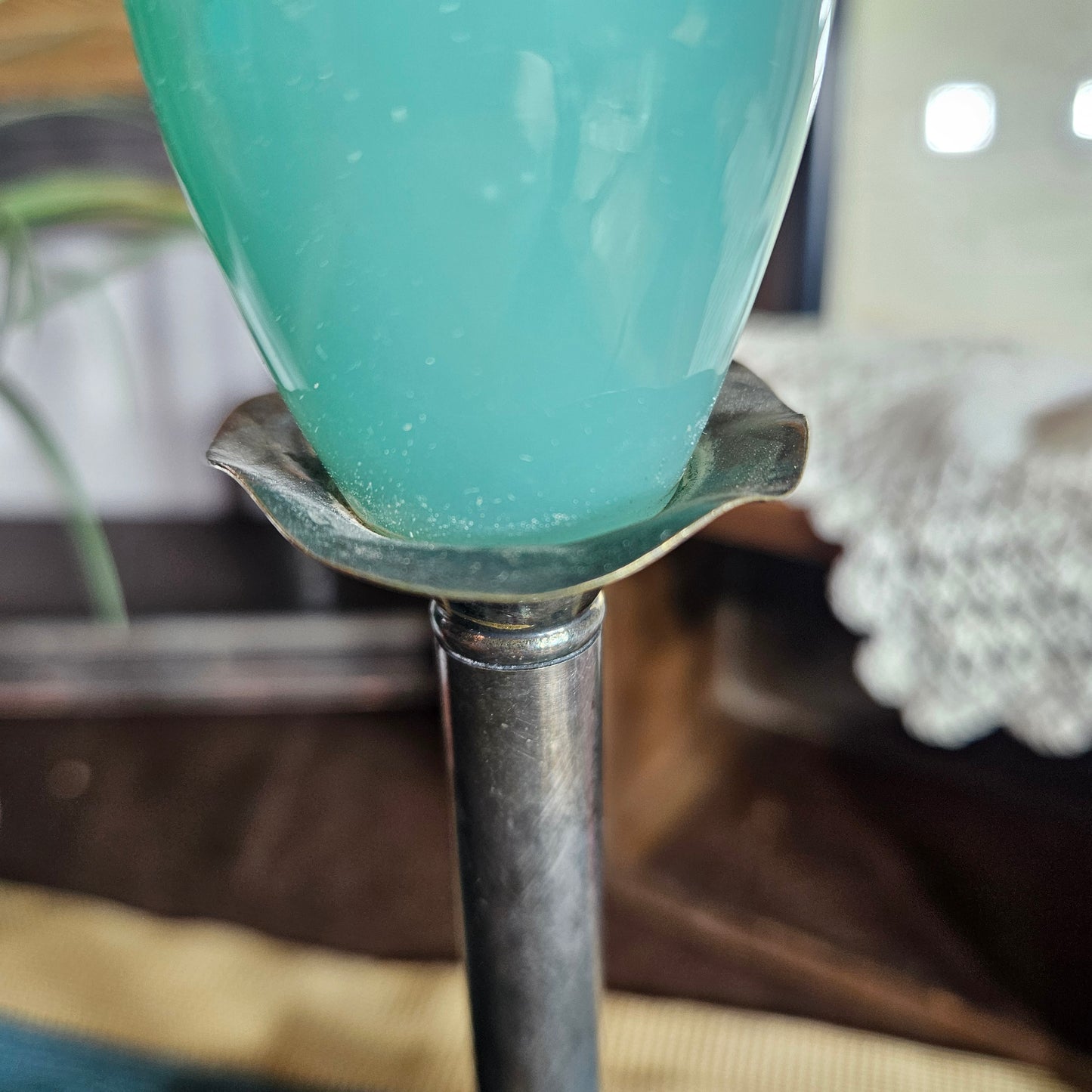 Green Glass Candlestick Marble Base Silver Stem