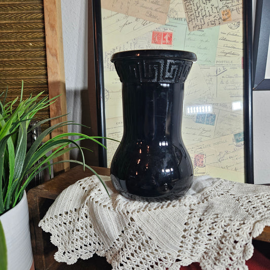 Vintage Dark Glass Vase with Greek Key Band