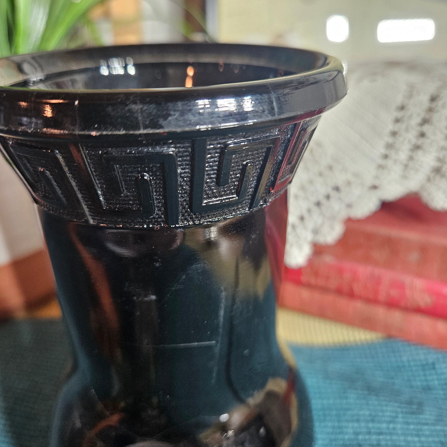 Dark Glass Vase with Greek Key Band