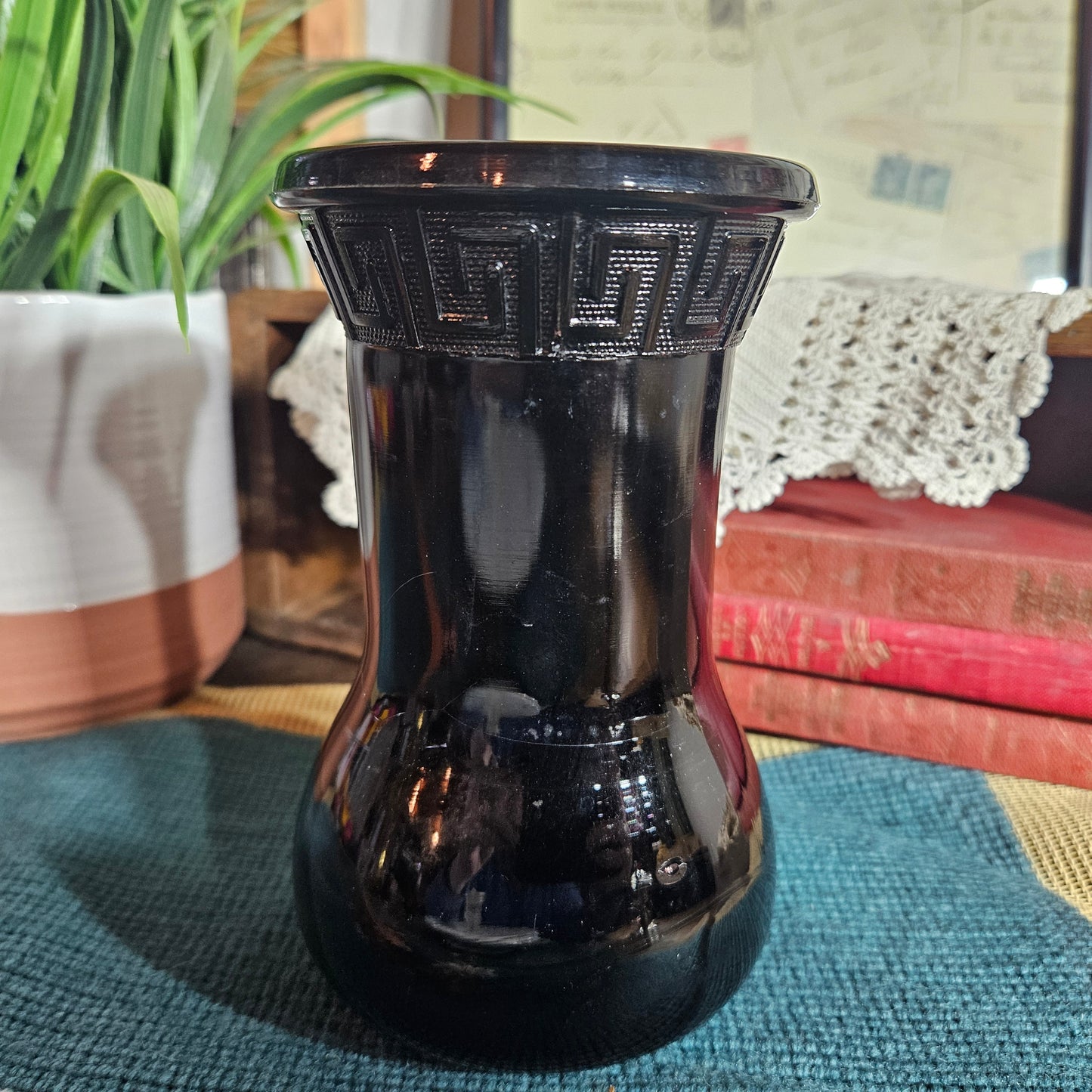 Dark Glass Vase with Greek Key Band