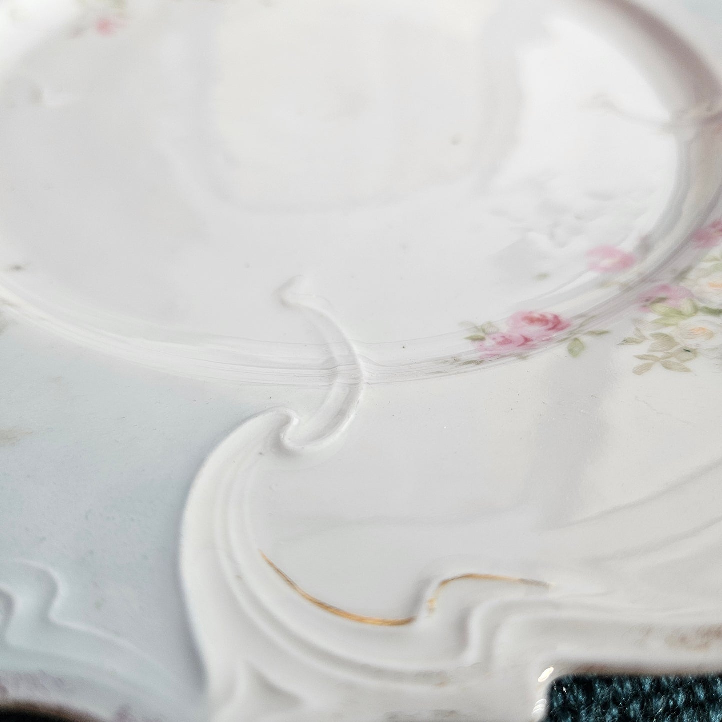 Antique Floral Porcelain Serving Plate with Handles