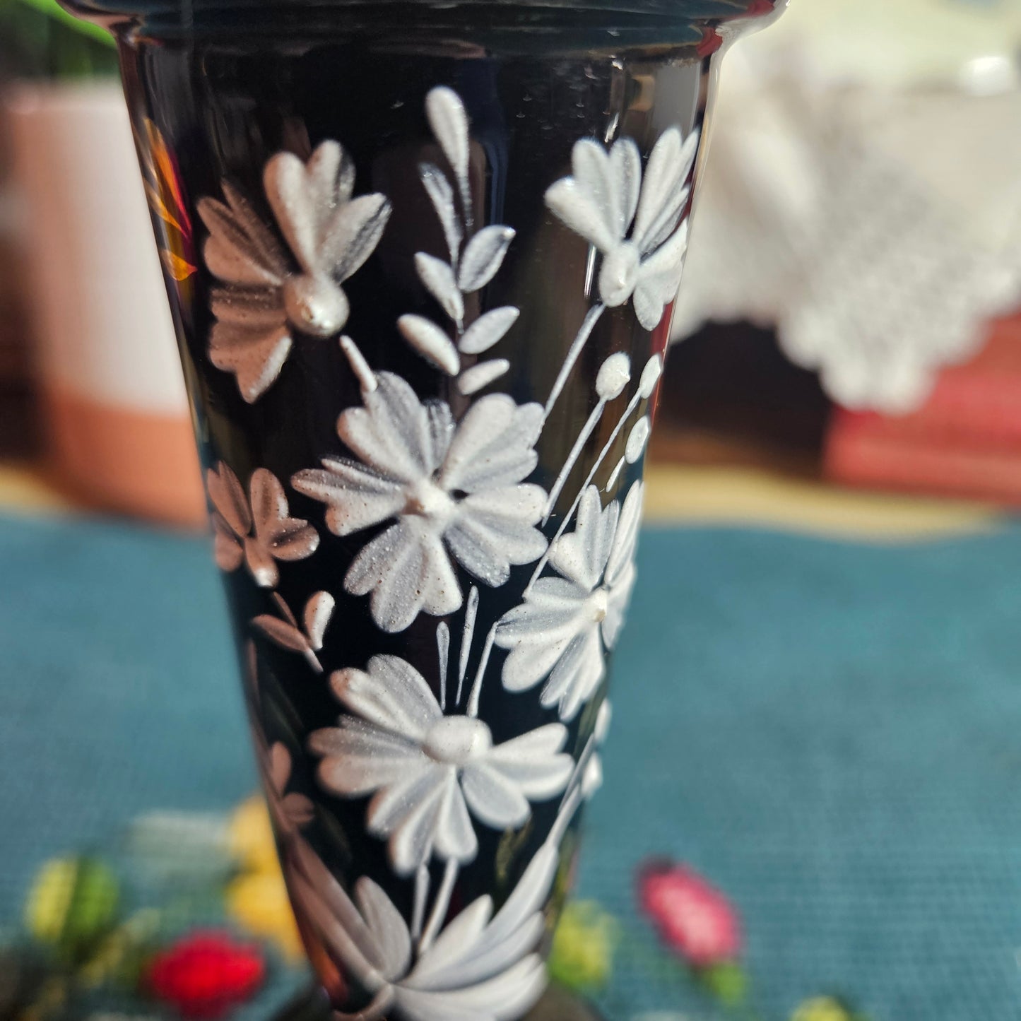 Black Milk Glass Vase with White Floral Design