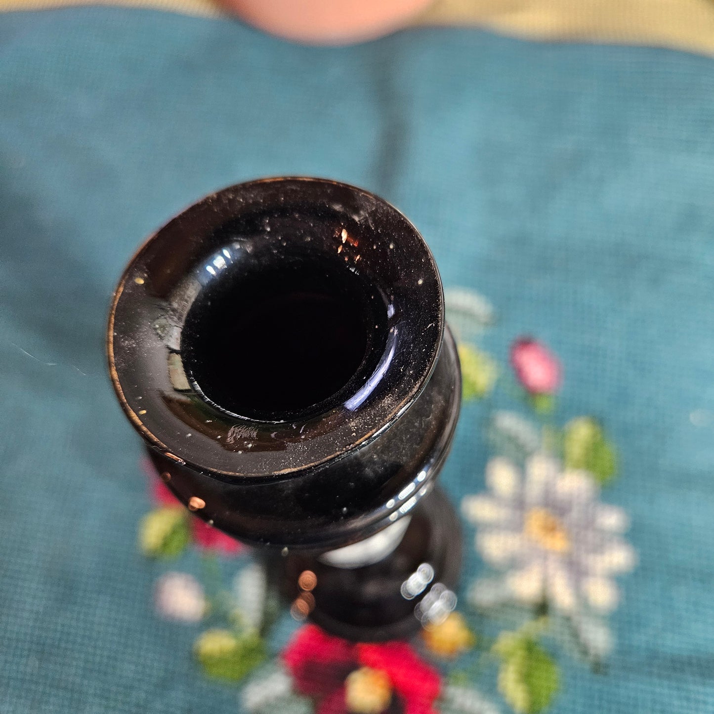 Black Milk Glass Vase with White Floral Design