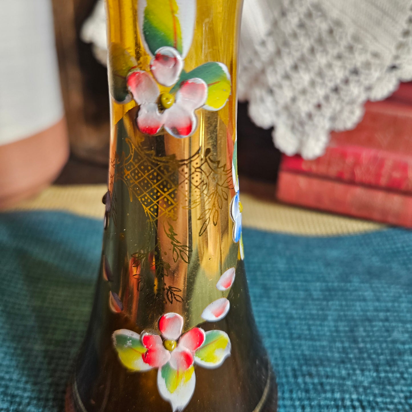 Amber Glass Hand-Painted Floral Bud Vase