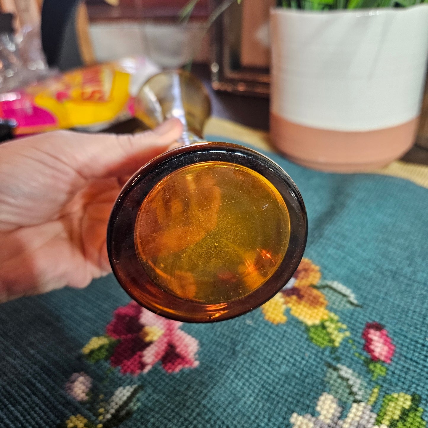 Amber Glass Hand-Painted Floral Bud Vase