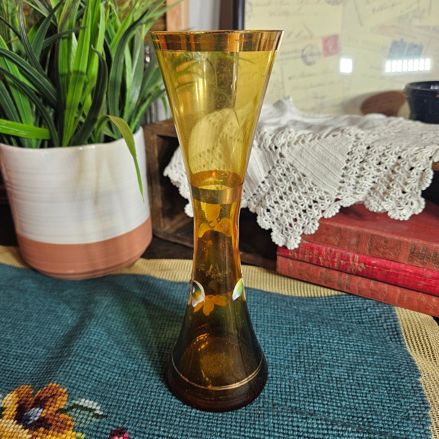 Amber Glass Hand-Painted Floral Bud Vase