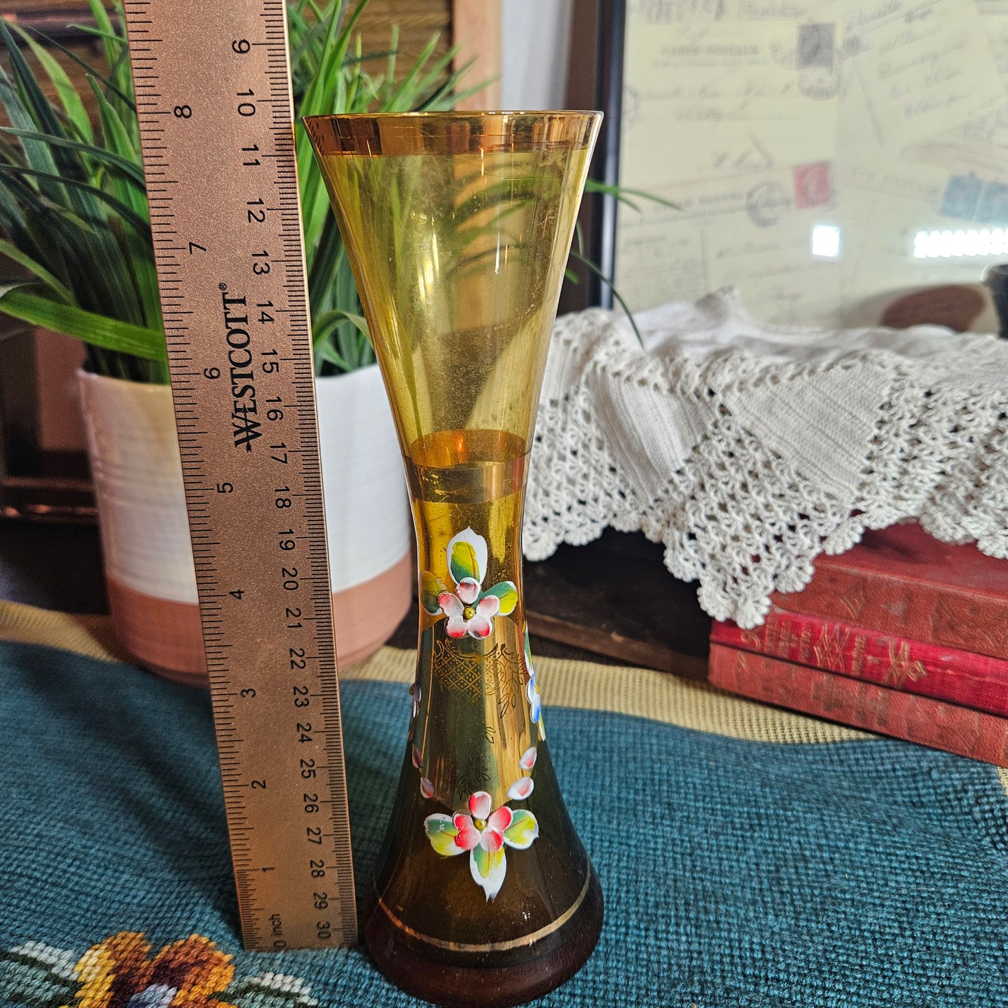 Amber Glass Hand-Painted Floral Bud Vase