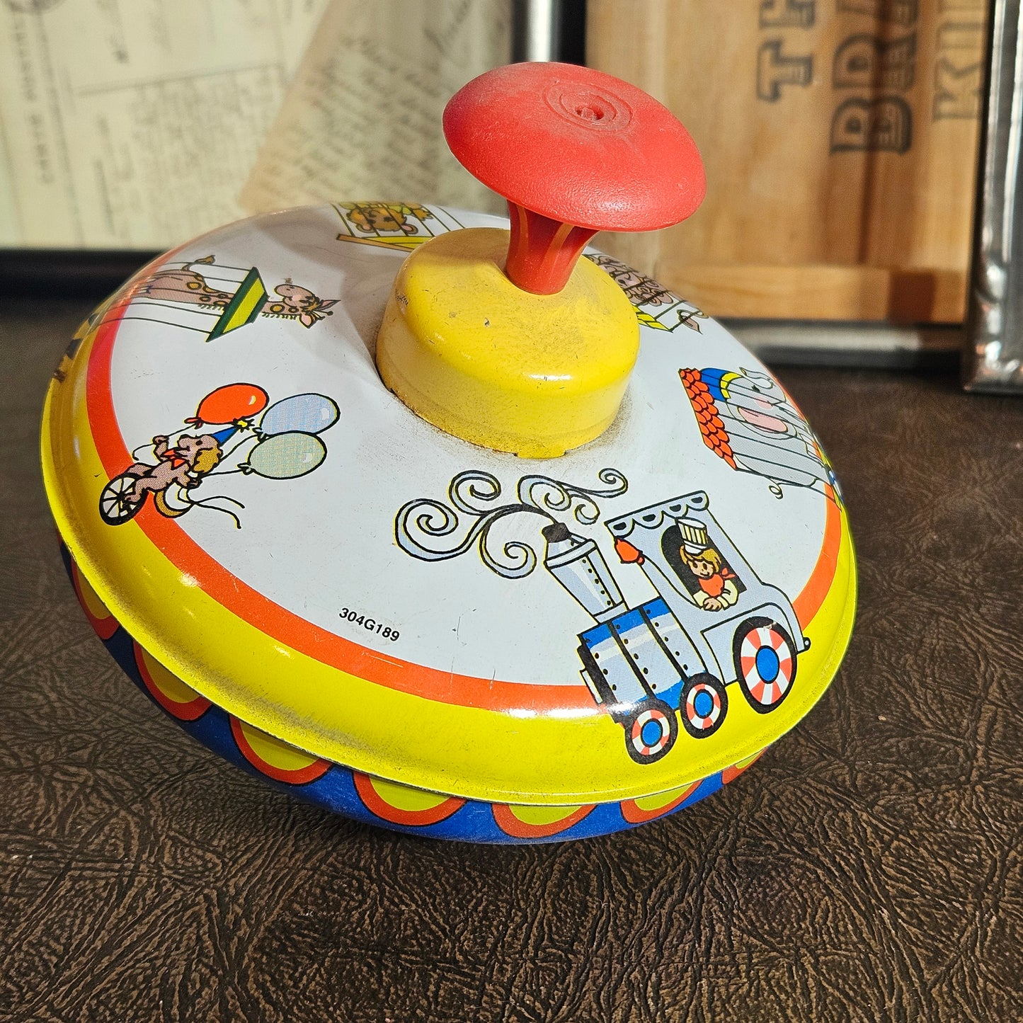 Vintage Ohio Art Tin Spinning Top Train Circus Graphics