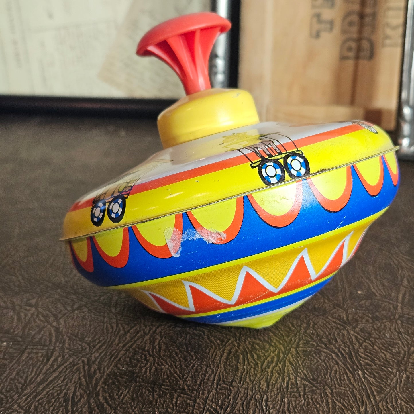 Vintage Ohio Art Tin Spinning Top Train Circus Graphics