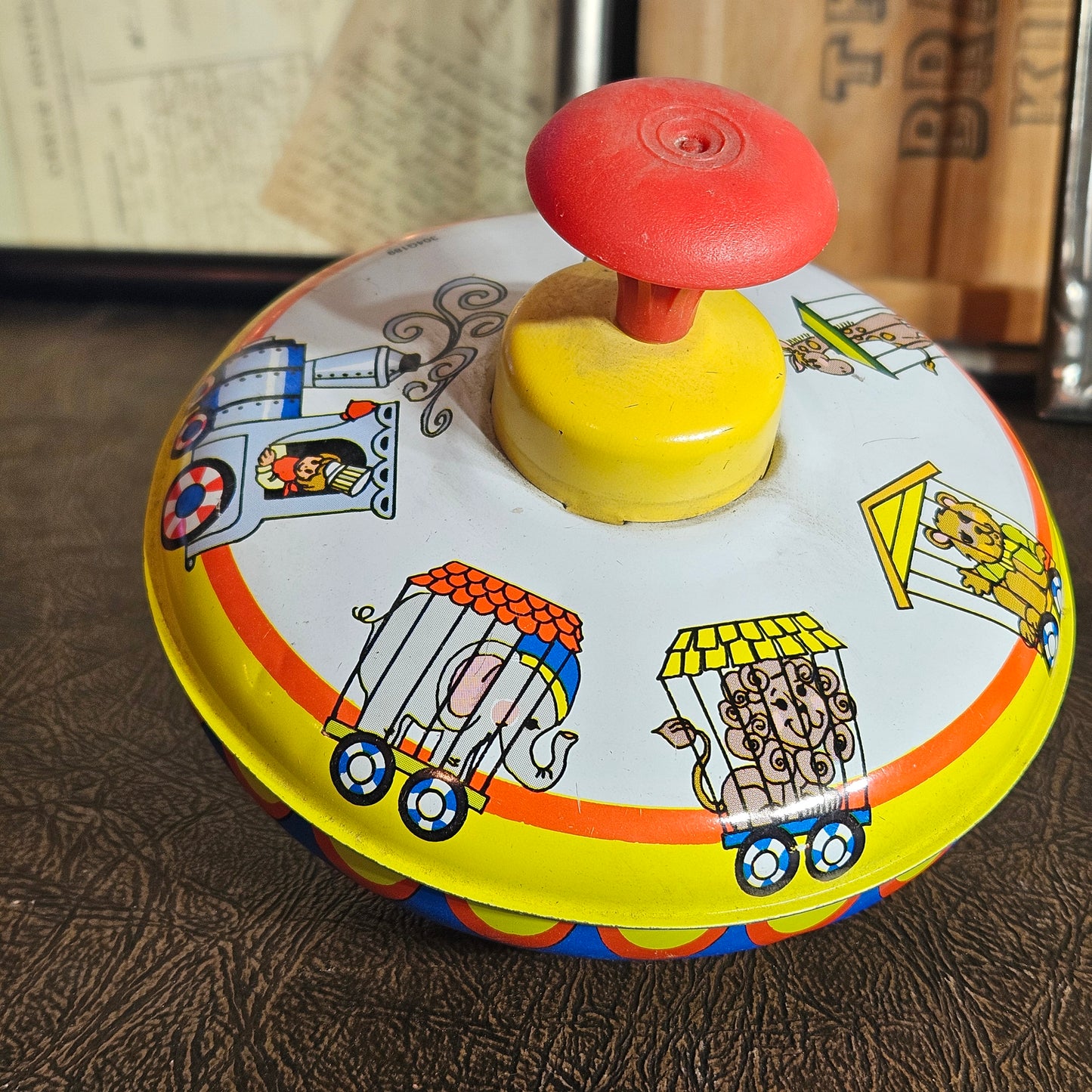 Vintage Ohio Art Tin Spinning Top Train Circus Graphics