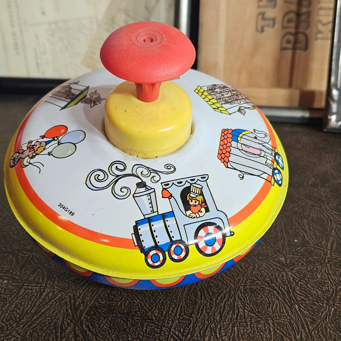 Vintage Ohio Art Tin Spinning Top Train Circus Graphics