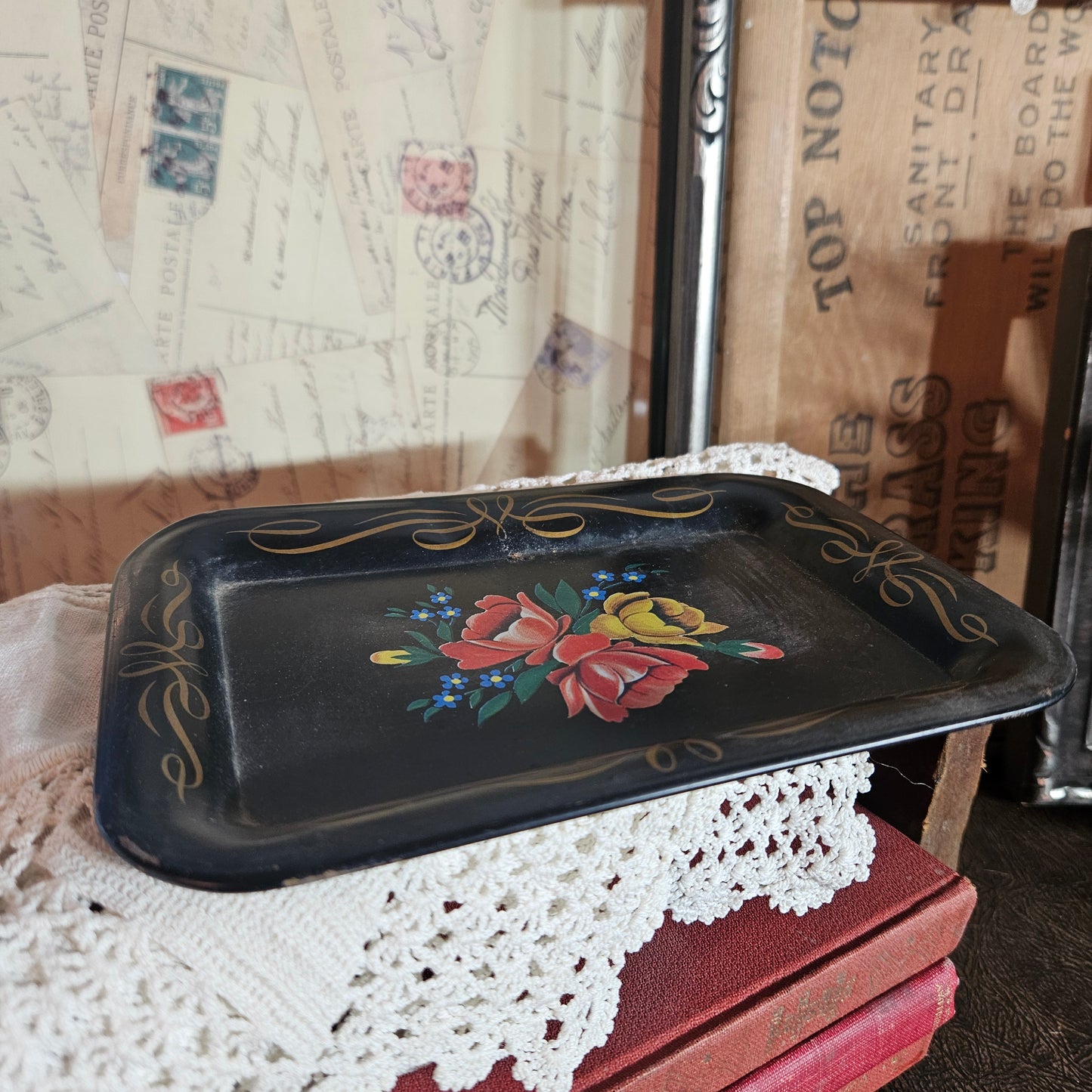Black Floral Tole Style Metal Tray