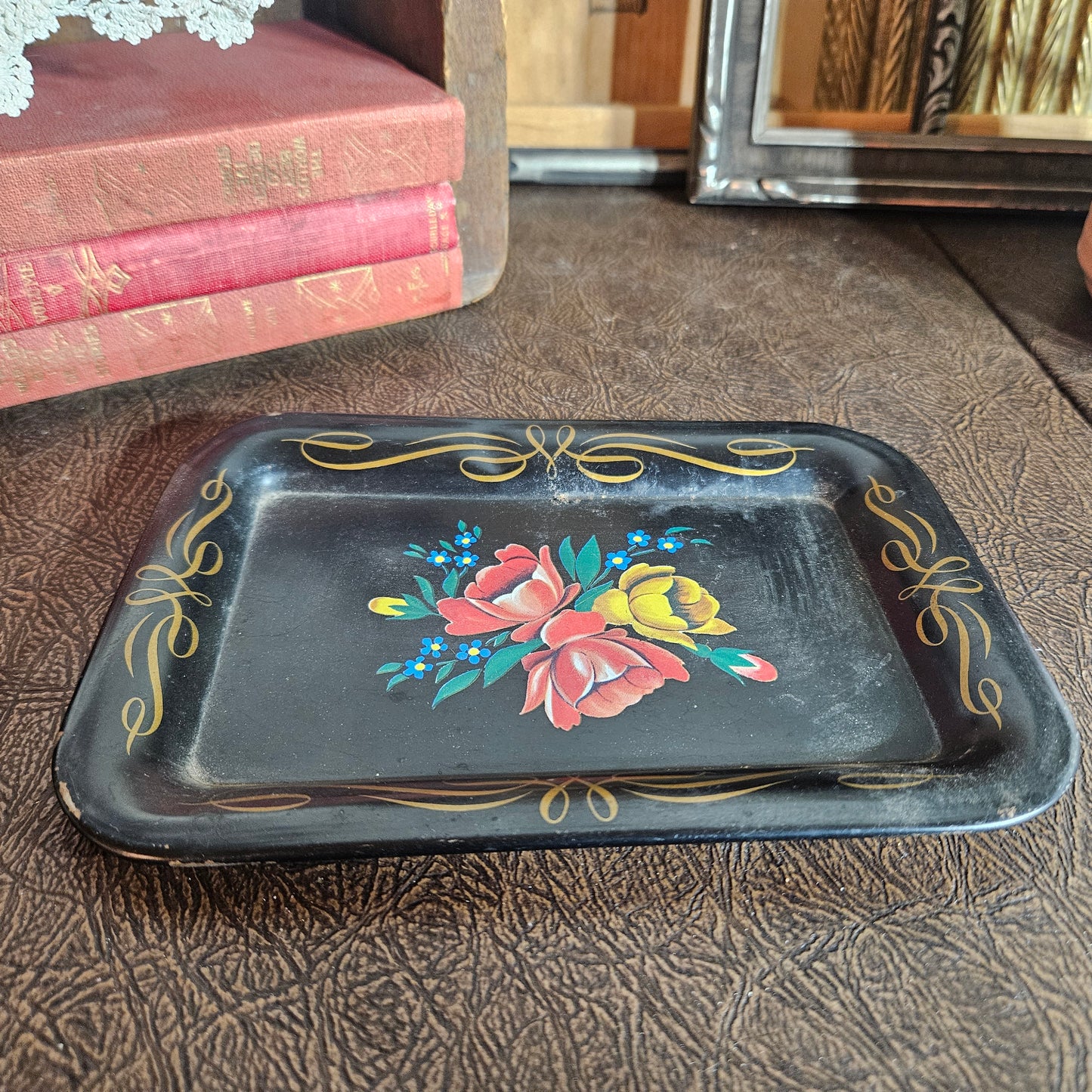 Black Floral Tole Style Metal Tray