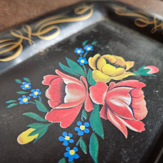 Vintage Black Floral Tole Style Metal Tray