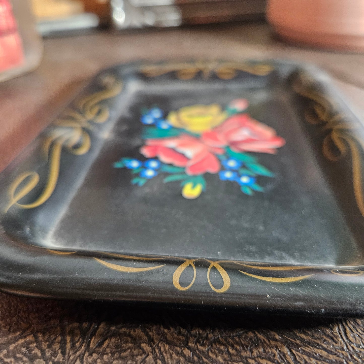 Black Floral Tole Style Metal Tray