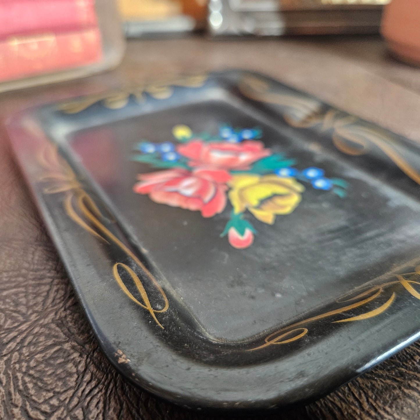 Black Floral Tole Style Metal Tray