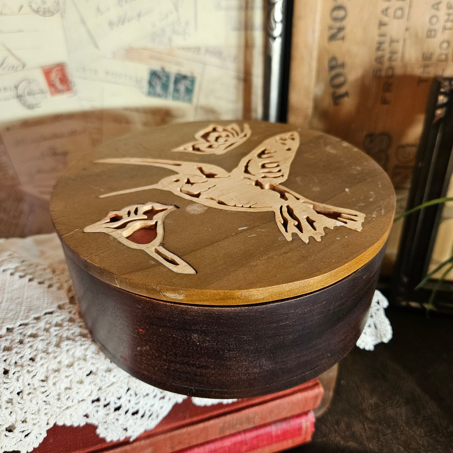 Vintage Wooden Jewelry Box Carved Bird Lid Red Interior
