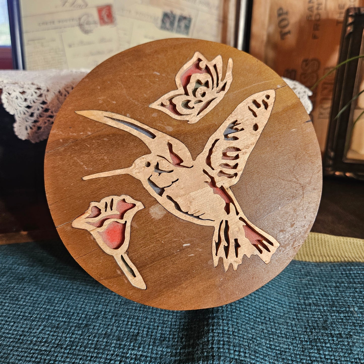 Vintage Wooden Jewelry Box Carved Bird Lid Red Interior