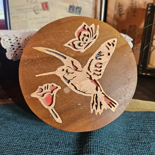Vintage Wooden Jewelry Box Carved Bird Lid Red Interior