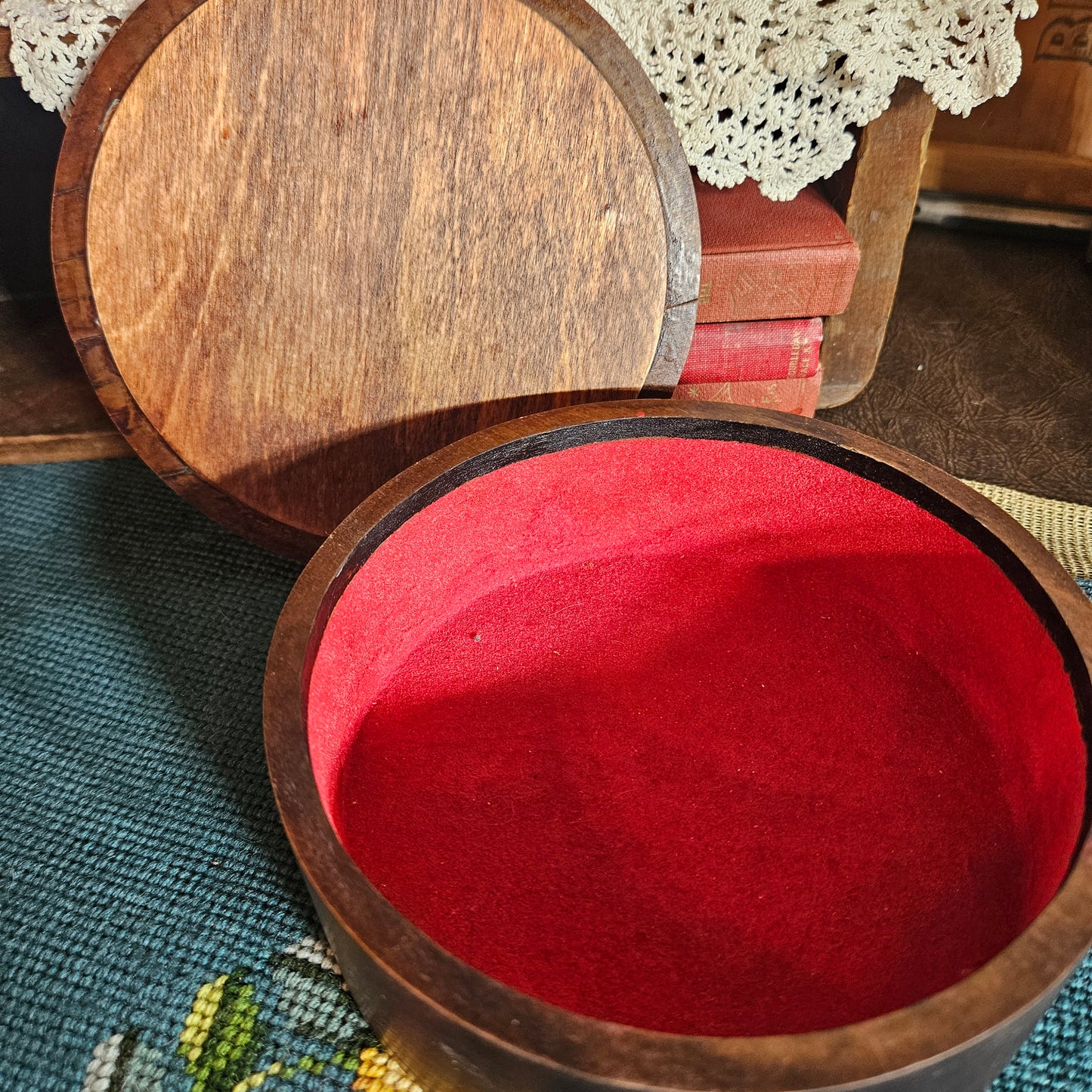 Vintage Wooden Jewelry Box Carved Bird Lid Red Interior