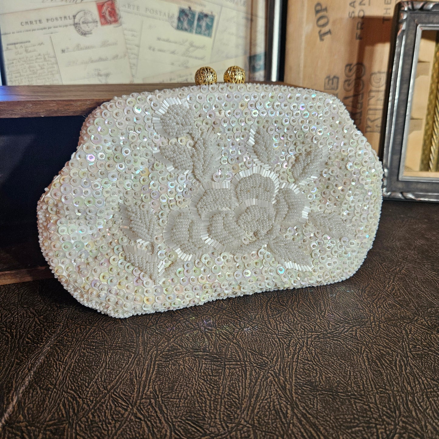 Vintage Beaded Evening Clutch Floral White Purse