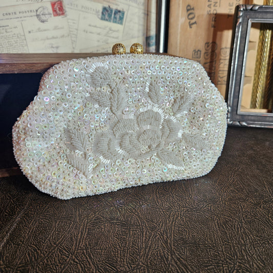 Vintage Beaded Evening Clutch Floral White Purse