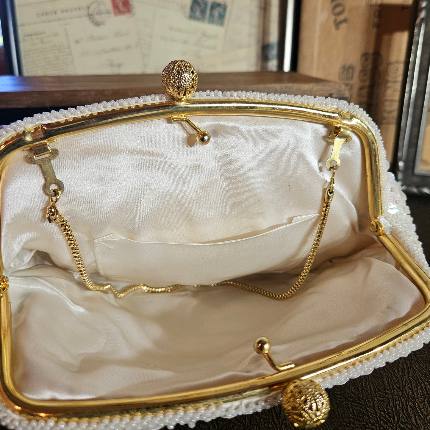Vintage Beaded Evening Clutch Floral White Purse
