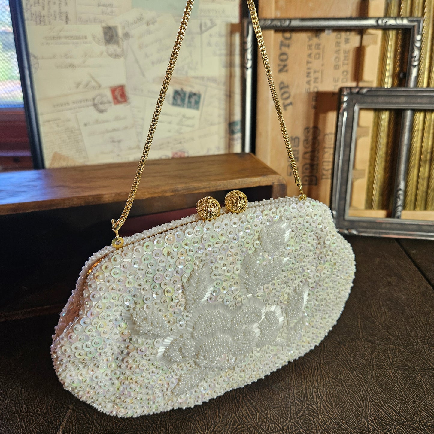 Vintage Beaded Evening Clutch Floral White Purse