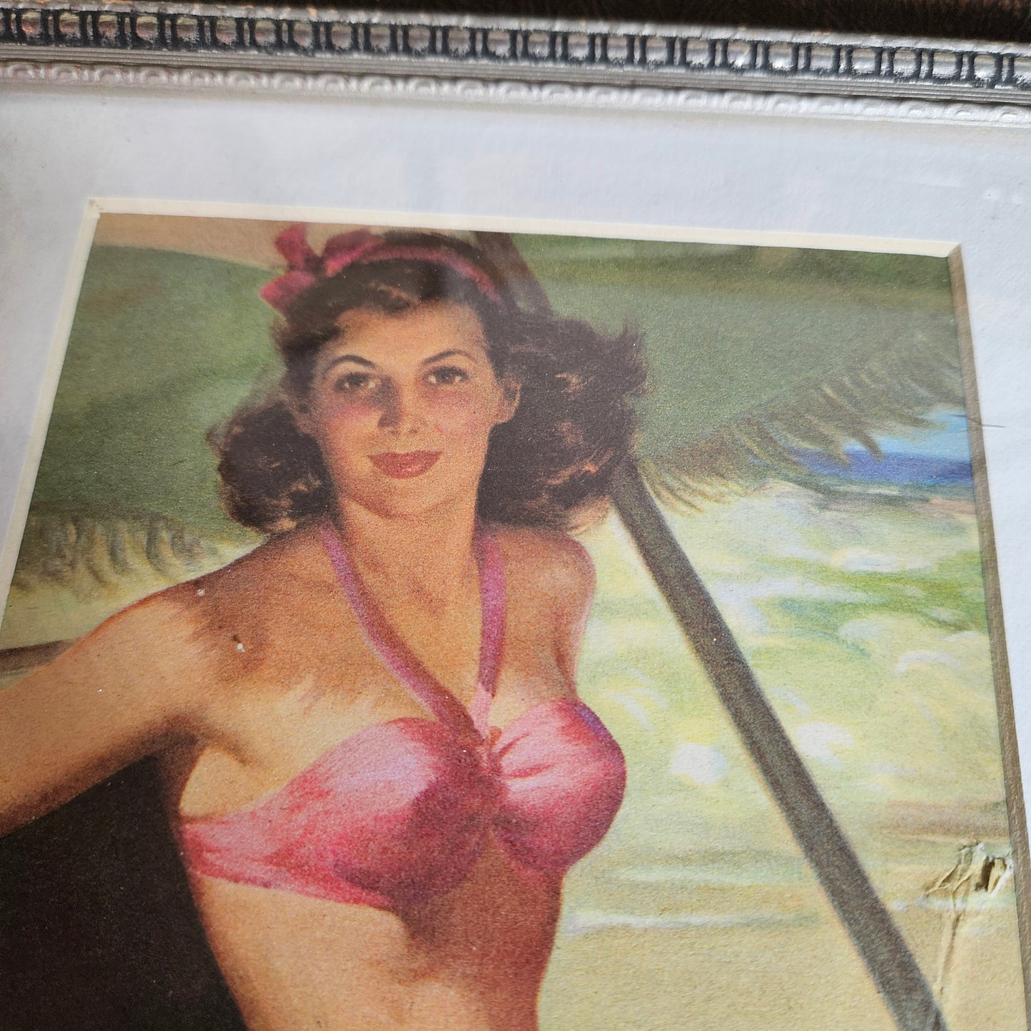 Framed Vintage Pin Up Beach Print in Silver Frame