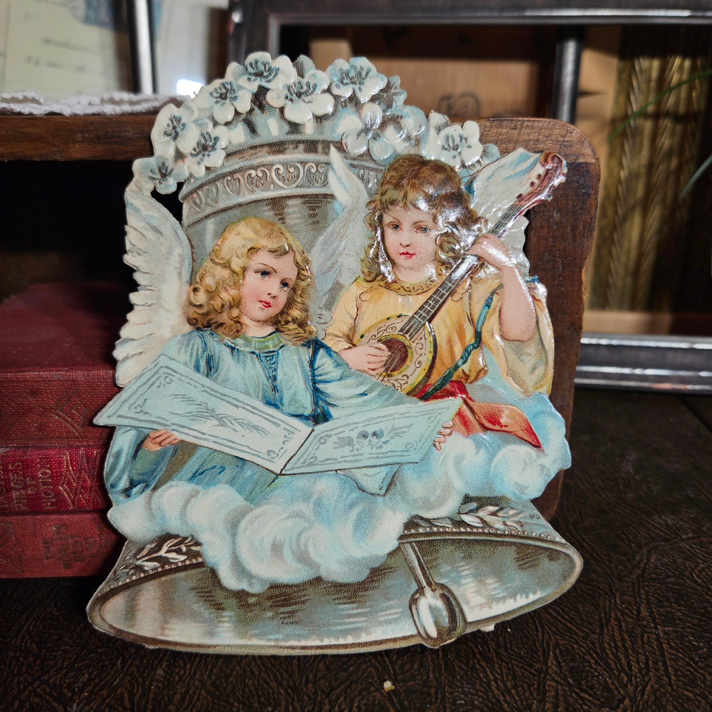 Victorian Angel Bell Die Cut Scrap Card Antique Ephemera