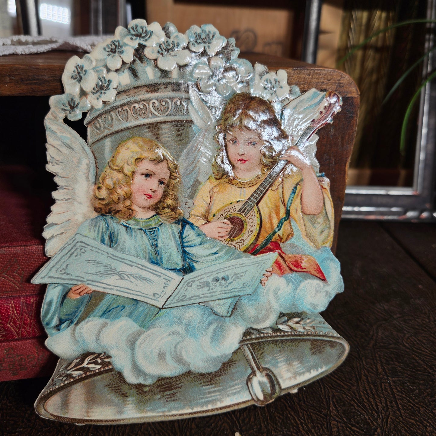 Victorian Angel Bell Die Cut Scrap Card Antique Ephemera