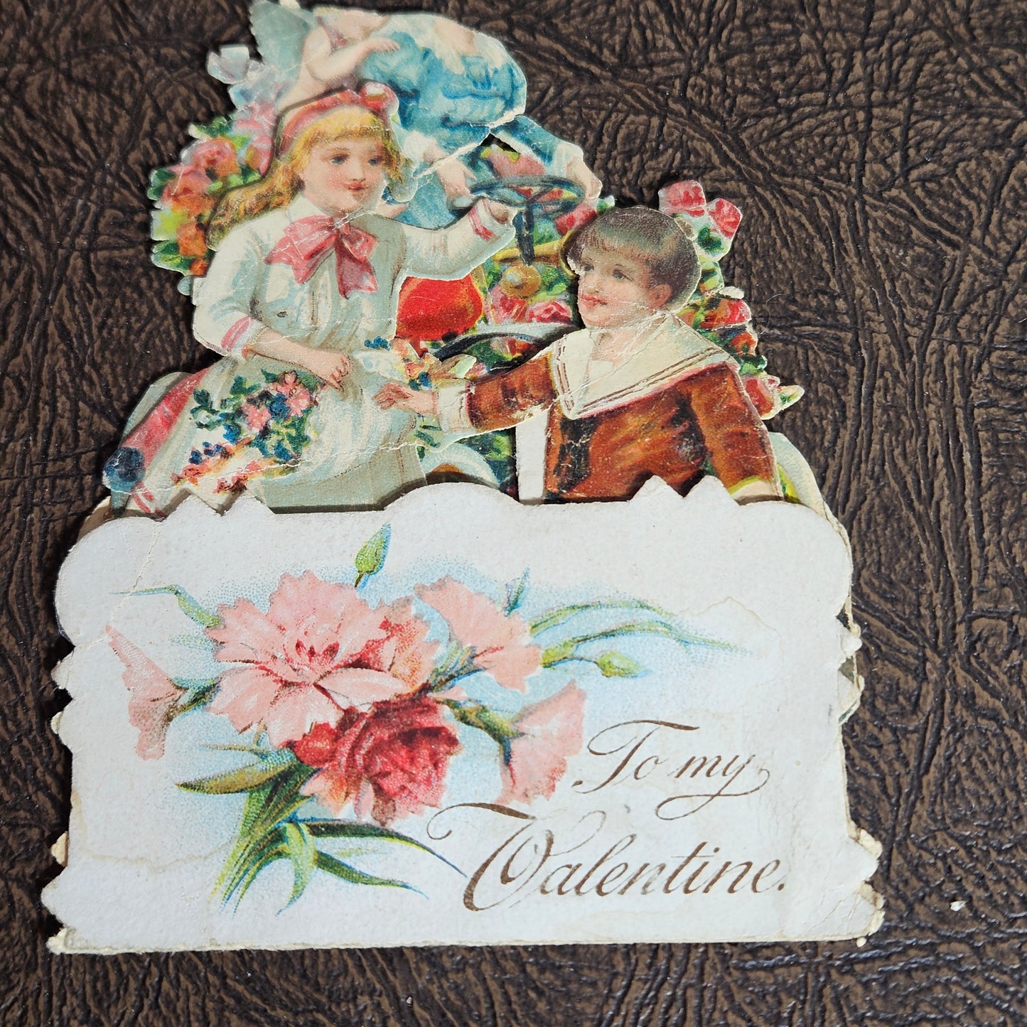 Antique Fold Out Valentine Card with Children and Flowers