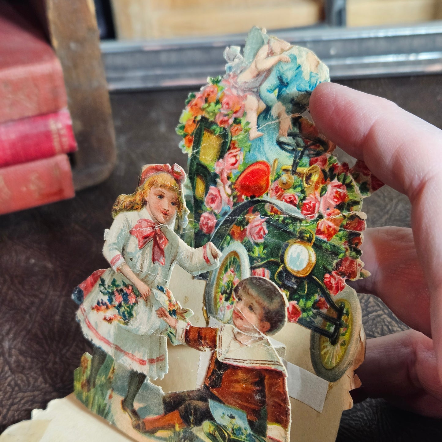 Antique Fold Out Valentine Card with Children and Flowers