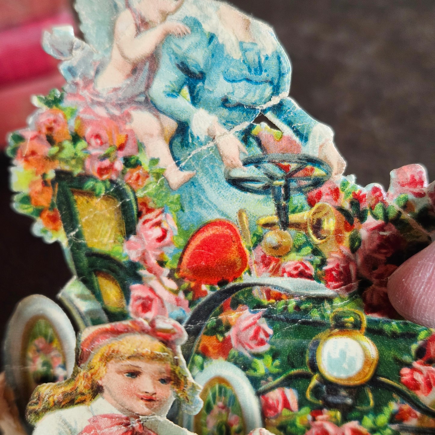 Antique Fold Out Valentine Card with Children and Flowers