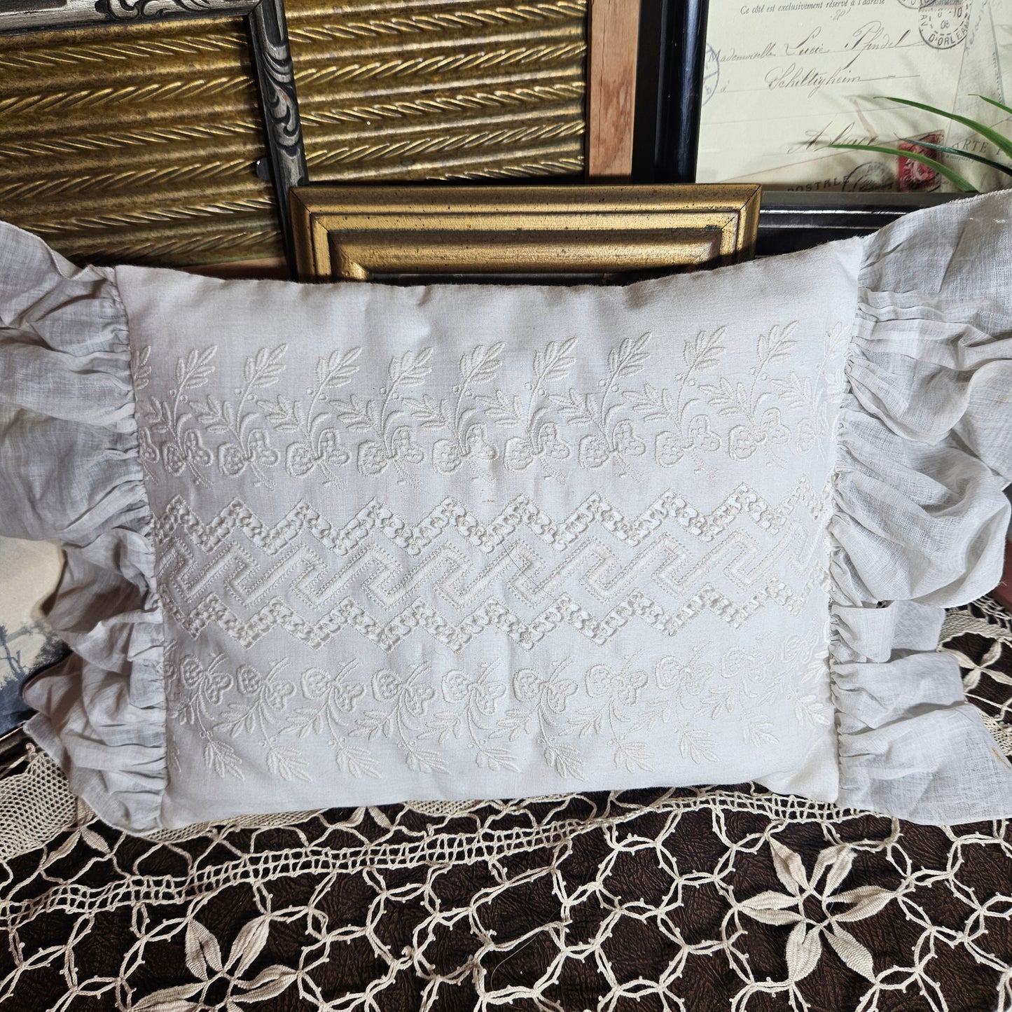 Vintage White Embroidered Ruffle Accent Pillow
