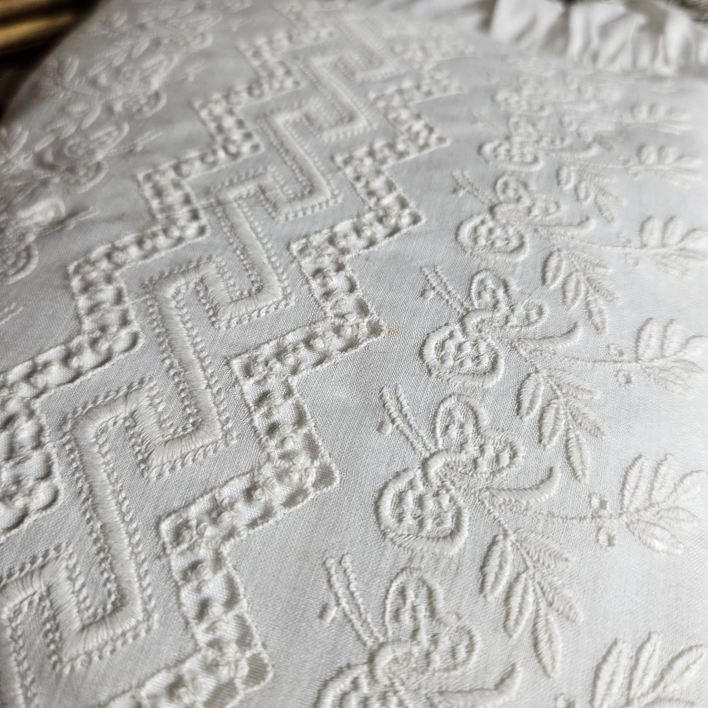 Vintage White Embroidered Ruffle Accent Pillow