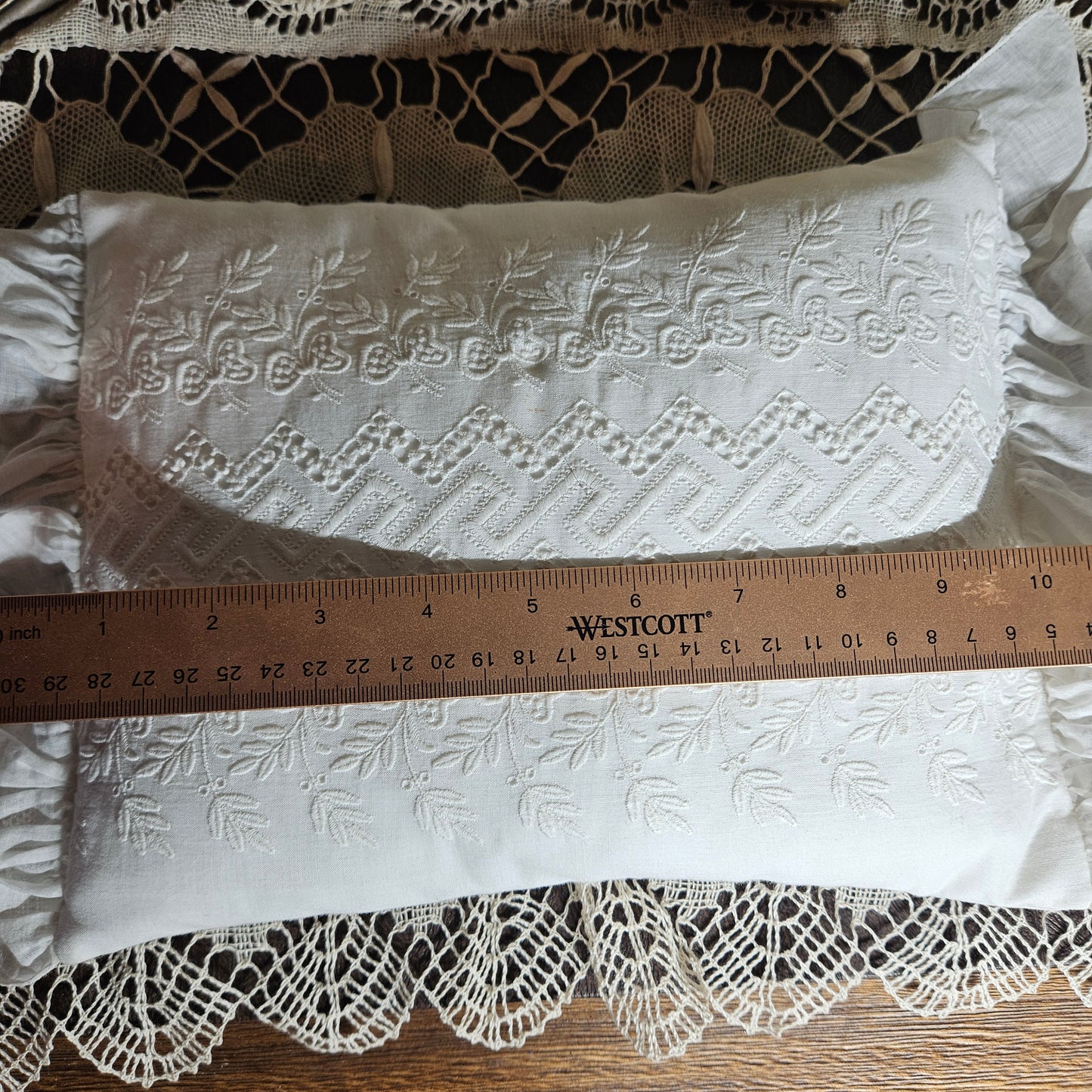 Vintage White Embroidered Ruffle Accent Pillow