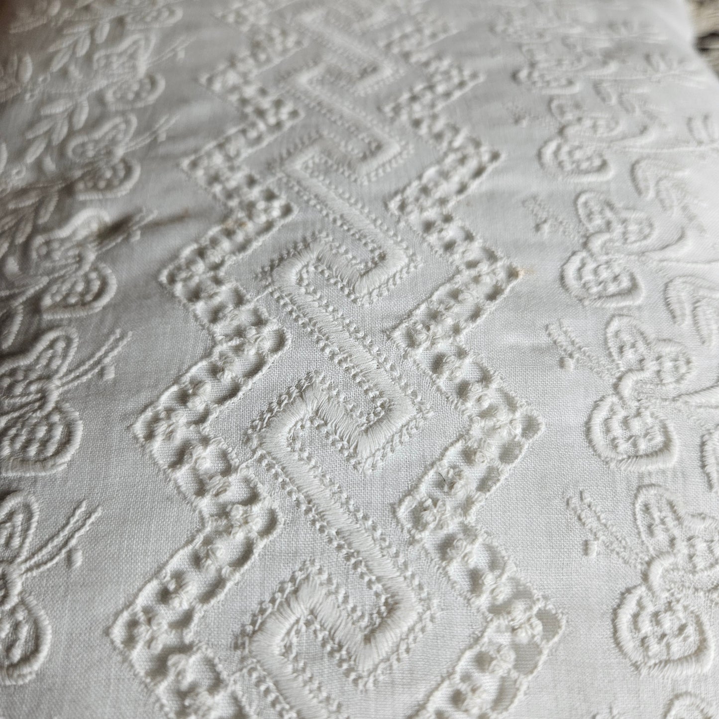 Vintage White Embroidered Ruffle Accent Pillow
