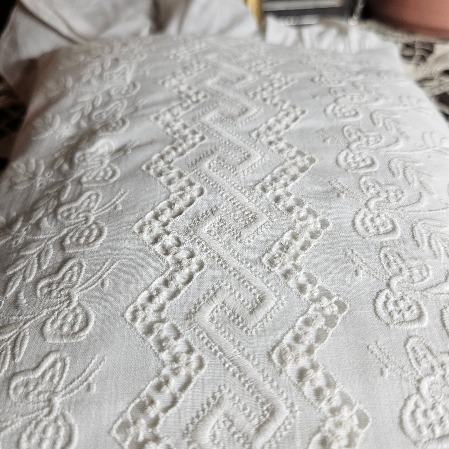Vintage White Embroidered Ruffle Accent Pillow