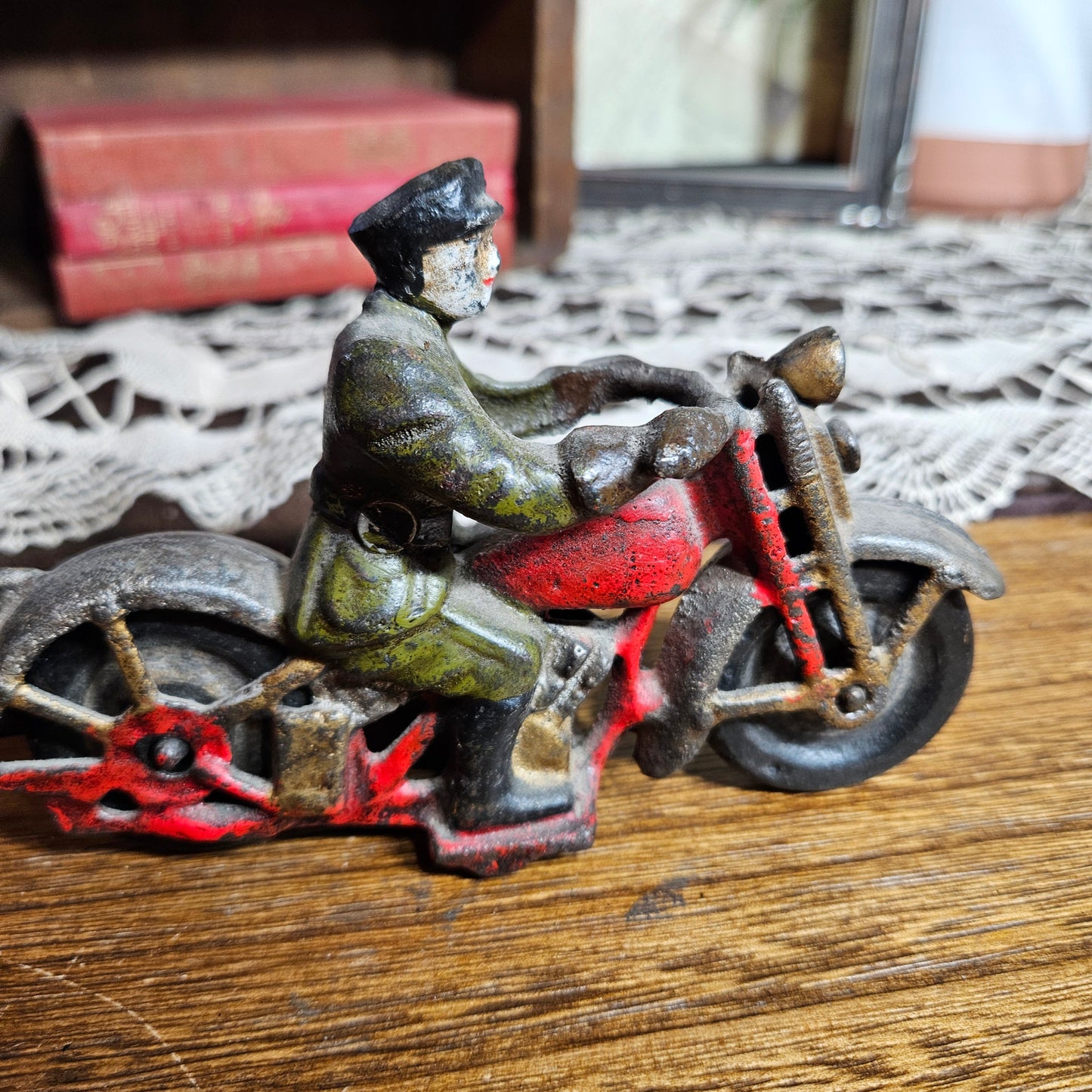 Vintage Cast Iron Motorcycle Rider Toy Figurine
