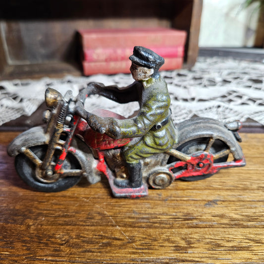 Vintage Cast Iron Motorcycle Rider Toy Figurine