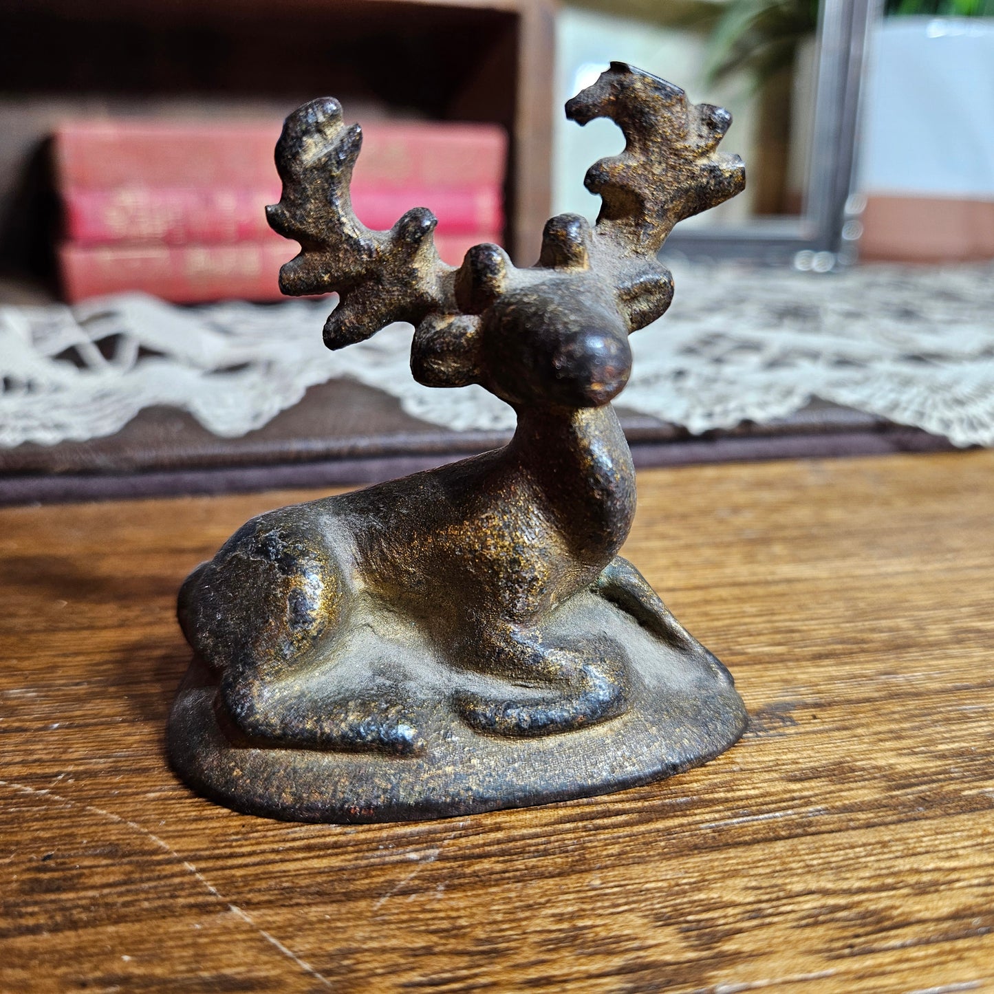 Vintage Cast Iron Reclining Deer Figurine Rustic Decor